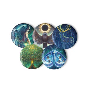 Cosmic Nature Pin Set - Lunar Moth Bear Tree Owl Stag Design