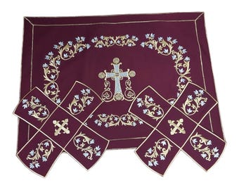 Orthodox Chalice Cover Set  – Hand Embroidered Burgundy Liturgical Veil