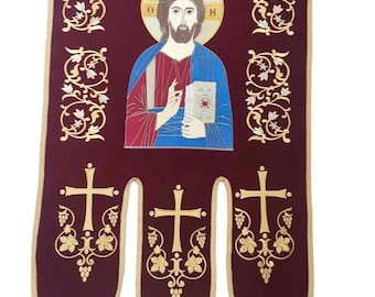 Hand Embroidered Jesus Christ Icon Banner: Orthodox Christian Wall Hanging