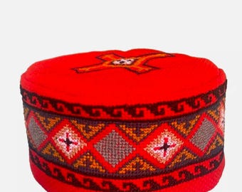 Handmade Orthodox red Skufia hat Embroidered Headdress Size L Fabric red Cotton