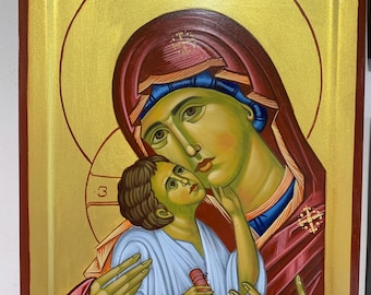 Hand Painted Orthodox Icon of Virgin Mary and Child Jesus  Religious Wall Art