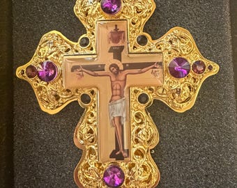 Orthodox pectoral Cross with Purple Stones, Gold Plated Christian Cross Handmade  Pendant, Religious Gift