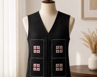 Handmade Georgian Cross Stitch Vest – Traditional Black Ethnic Waistcoat – Georgian Flag Embroidery