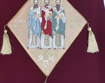 Hand Embroidered Orthodox Epigonation (Palitsa) – Saints Gregory, Basil & John