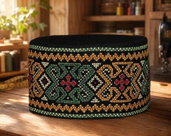 Georgian Traditional Embroidered Hat – Handmade Cross Stitch Cap  Khevsurian Folk Style