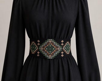 Hand Embroidered Orthodox Fabric Belt with Traditional Caucasian Ornament