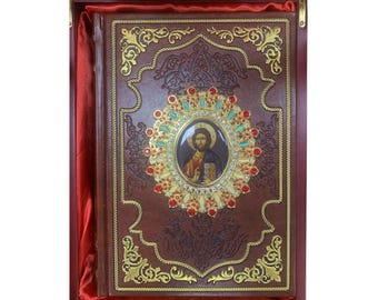 Leather Orthodox Bible with Jesus Christ Icon, Handmade Christian Gift, Religious Book, Georgian Text