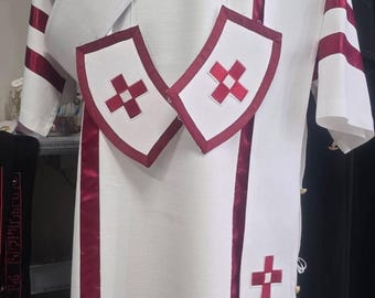 Handmade Orthodox Deacon Vestment Set in White & Burgundy  Custom Liturgical Robe