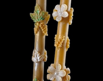 Handmade Decorative Beeswax Candles Set of 2 – Orthodox Style Floral Candles – Natural Wax Gift