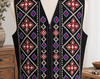 Handmade Georgian Embroidered Vest – Khevsur Style Cross Stitch, Traditional Georgian Ornament, Caucasian National Costume