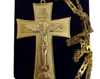 Orthodox Pectoral Cross with Chain Gold plated Priest Bishop Pendant Christian Religious Jewelry