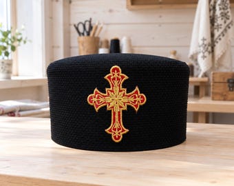 Handmade Orthodox Skufia for Priests – Black Clergy Hat with Embroidered Cross, Traditional Christian Headwear
