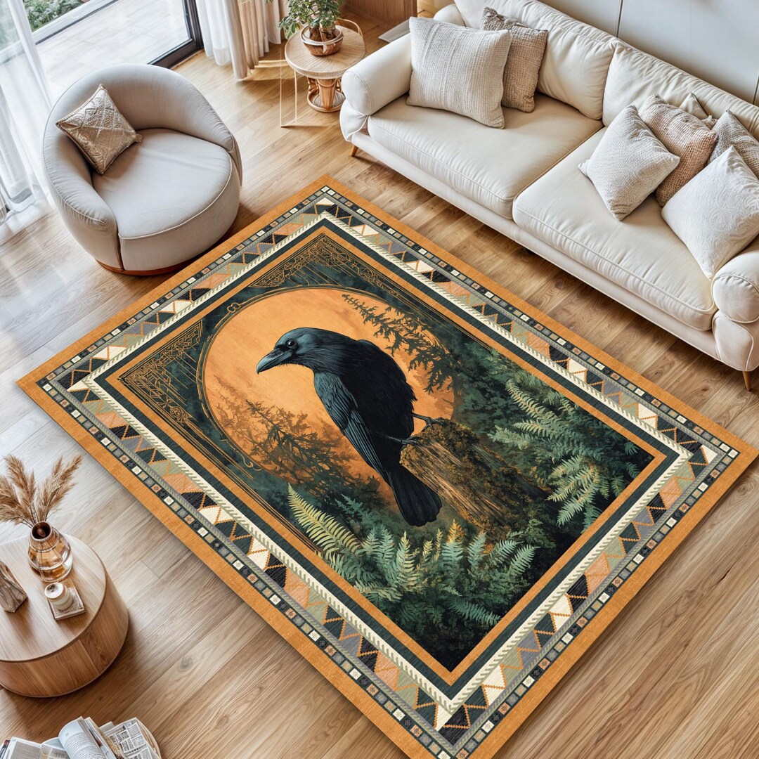 Boho Raven Rug: Art Nouveau Crow Design, Geometric Border - Etsy