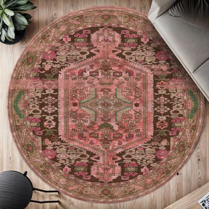 Round Vintage Style Digital Printed Rug, Pink and Brown Bohemian Circular Area Rug, Oriental Geometric Pattern, Perfect Round Rug Nature