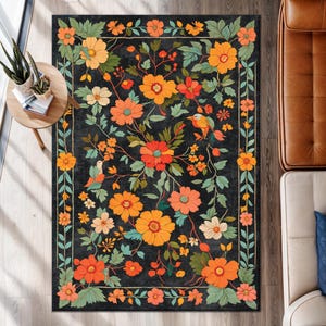 Floral Rug With Vintage Botanical Design, Washable Rug For Living Room Or Bedroom, Vibrant Flower Pattern Home Decor,  Floral Rug,