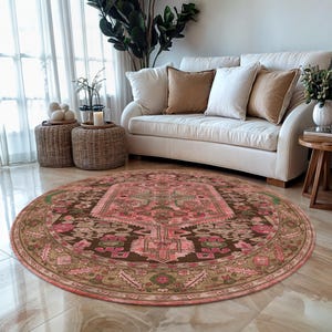Round Vintage Style Digital Printed Rug, Pink and Brown Bohemian Circular Area Rug, Oriental Geometric Pattern, Perfect Round Rug Nature