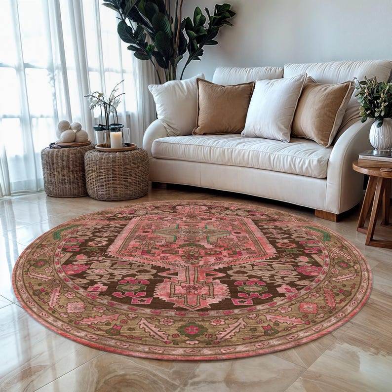 Round Vintage Style Digital Printed Rug, Pink and Brown Bohemian Circular Area Rug, Oriental Geometric Pattern, Perfect Round Rug Nature