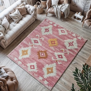 Boho Scandinavian Rug, Pink Bohemian Rug, Beni Ourain Rug, Traditional Moroccan Rug, Kilim Rug, Pink Kilim, Large Pink Area Rug,