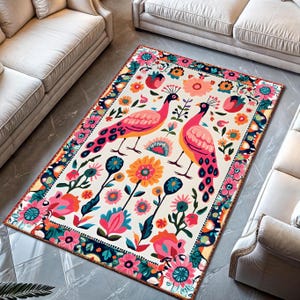 Colorful Bird & Floral Rug: Washable Tropical Area Rug