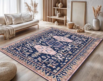 Navy Blue Geometric Rug: Washable Boho Kilim Style