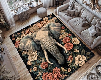 Elephant Floral Rug: Boho Wildlife Print, Washable Area Rug