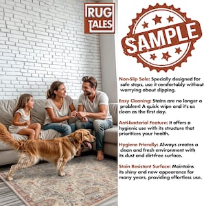 May include: A family with a dog sitting on a beige and brown patterned rug. The rug has a floral design with red, blue, and green accents. The text "IRUG TALES" is in the top left corner of the image. The text "SAMPLE" is in a red circle with stars in the top right corner of the image. The text below the image describes the rug's features, including non-slip sole, easy cleaning, anti-bacterial feature, hygiene friendly, and stain resistant surface.