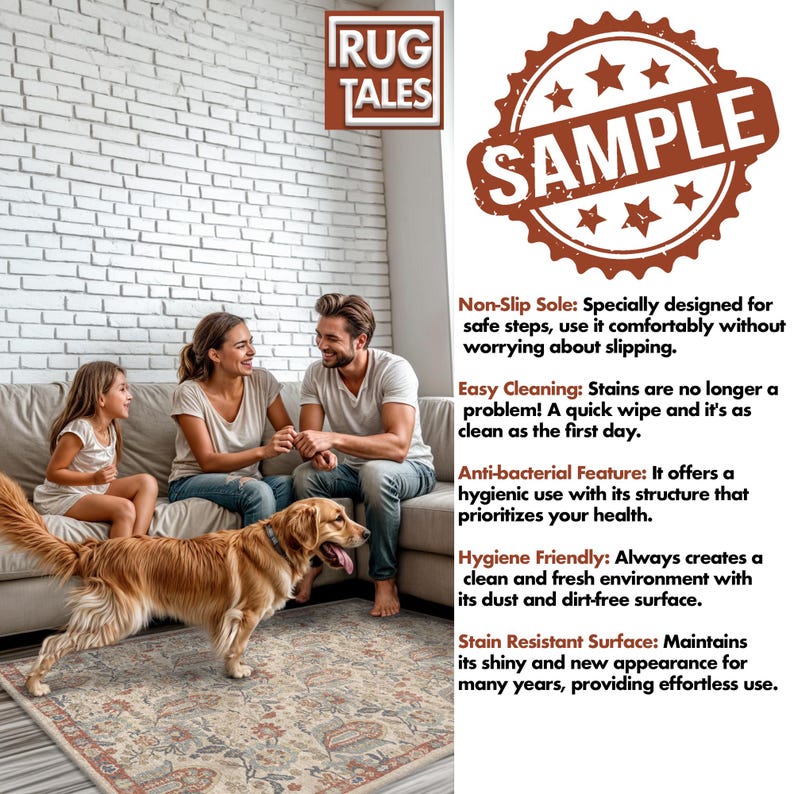 May include: A family with a dog sitting on a beige and brown patterned rug. The rug has a floral design with red, blue, and green accents. The text "IRUG TALES" is in the top left corner of the image. The text "SAMPLE" is in a red circle with stars in the top right corner of the image. The text below the image describes the rug's features, including non-slip sole, easy cleaning, anti-bacterial feature, hygiene friendly, and stain resistant surface.