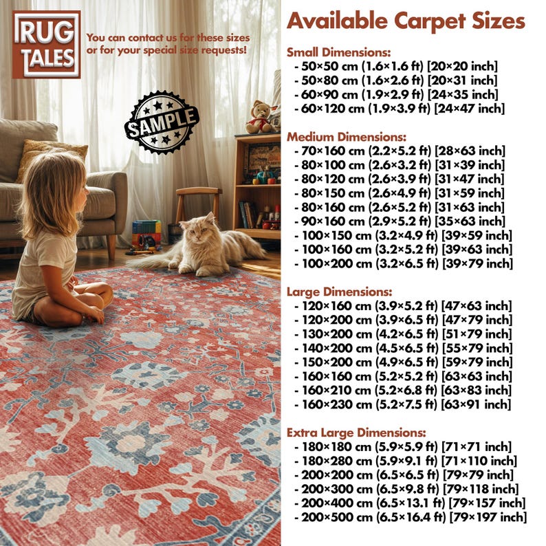 May include: A red and blue patterned rug with a distressed look is displayed in a living room setting. The image includes a child and a cat. The rug sizes range from 20x20 inches to 79x197 inches.