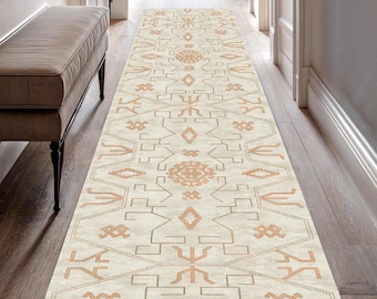 Cream Boho Runner Rug, Washable Long Hallway Rug, Tribal Geometric Rug, Soft Non Slip Rug, Farmhouse Entryway, Kitchen Or Bedroom Rug