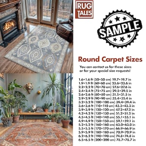 May include: A sample round rug with a blue and beige geometric pattern. The rug is displayed in a living room setting. The image also includes a text box with the title "Round Carpet Sizes" and a list of different sizes in feet and inches, and centimeters. You can contact the seller for special size requests.