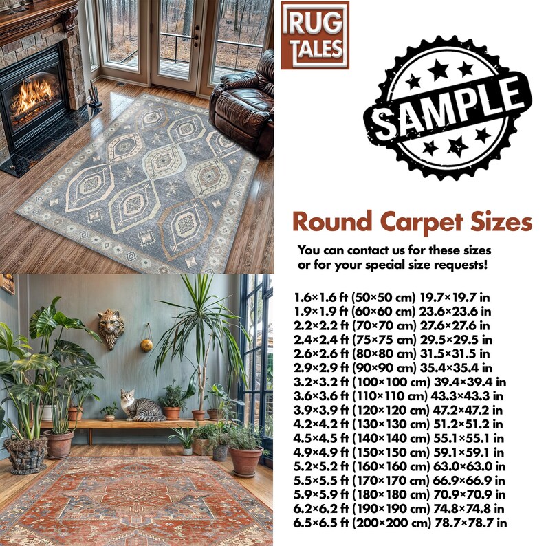 May include: A sample round rug with a blue and beige geometric pattern. The rug is displayed in a living room setting. The image also includes a text box with the title "Round Carpet Sizes" and a list of different sizes in feet and inches, and centimeters. You can contact the seller for special size requests.