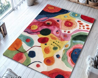 Colorful Abstract Area Rug, Vibrant Organic Shapes Washable Rug, Maximalist Tufted Look Digital Print Rug, Modern Multi Color Non-Slip Rug