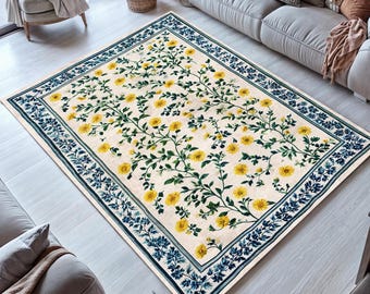 Floral Botanical Rug: Washable Vibrant Flower Decor