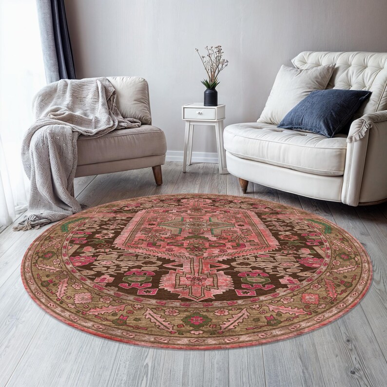 Round Vintage Style Digital Printed Rug, Pink and Brown Bohemian Circular Area Rug, Oriental Geometric Pattern, Perfect Round Rug Nature