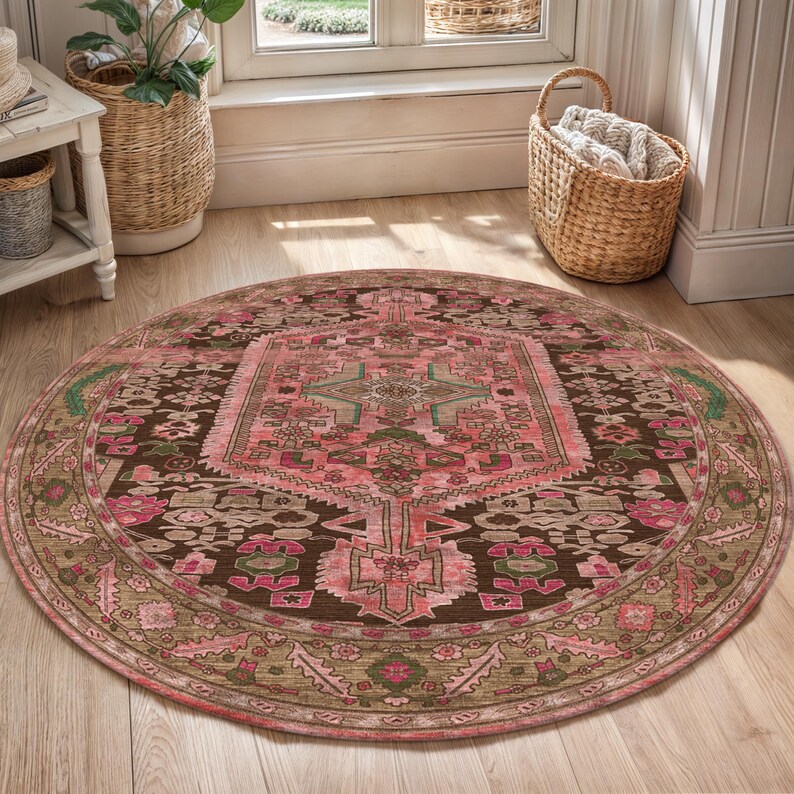 Round Vintage Style Digital Printed Rug, Pink and Brown Bohemian Circular Area Rug, Oriental Geometric Pattern, Perfect Round Rug Nature