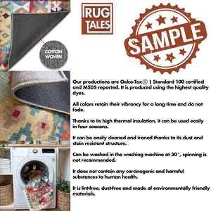 May include: A colorful woven rug with geometric patterns in shades of red, orange, yellow, blue, and green. The rug is made of cotton and is machine washable. The text "COTTON WOVEN" is visible in the image. The text "RUG TALES" is visible in the image. The text "SAMPLE" is visible in the image.