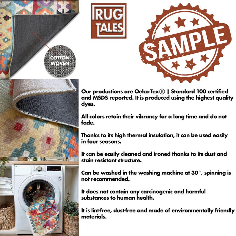May include: A colorful woven rug with geometric patterns in shades of red, orange, yellow, blue, and green. The rug is made of cotton and is machine washable. The text "COTTON WOVEN" is visible in the image. The text "RUG TALES" is visible in the image. The text "SAMPLE" is visible in the image.