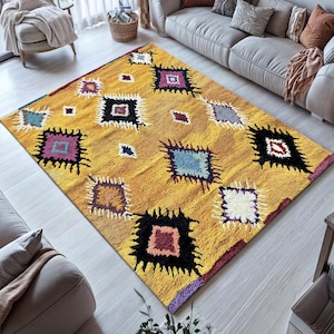 Yellow Rug,  Moroccan Rug Beni Ourain, Ethnic Rug,  Oushak Rug, Boho Scandinavian Rug, Nordic Kilim Rug, Washable Rug, Living Room Rug,