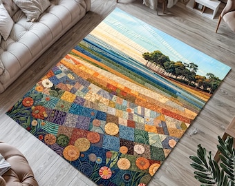 Colorful Patchwork Landscape Rug: Washable Digital Print, Boho Decor