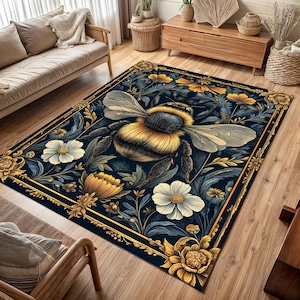 Bee Rugs, Bee Rug Cottagecore, Honey Bee Rug, Bohemian Botanical Bee Rug, Flower Rug, Modern Living Room Rug, Kitchen Rug, Animal Rug,