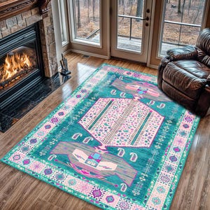 Washable Blue  Rug, Vibrant Bohemian Style Area Rug, Colorful Oriental Pattern Rug, Modern Living Room Home Decor Rug, Pink And Blue Rug,