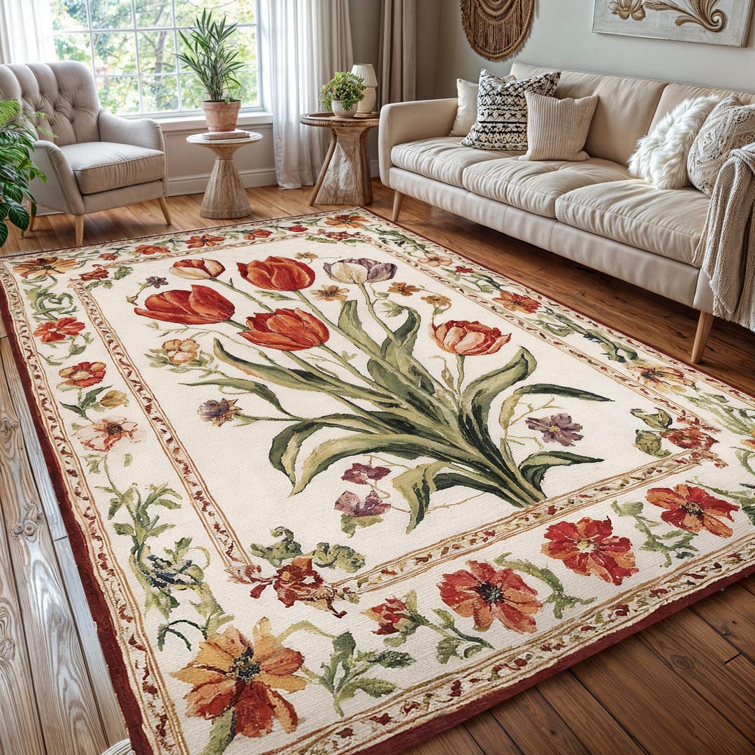 Vintage Tulip Floral Rug: Elegant Botanical Decor Rug - Etsy