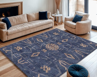 Navy Blue Boho Rug: Tribal Geometric, Washable Accent Rug