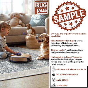May include: A beige and gray patterned rug with a robot vacuum cleaner on it. A child and a golden retriever dog are in the background. The rug is labeled "Suitable for Robot Vacuum", "Pet and Kid Friendly", "Easy Return", and "Stain-Free".