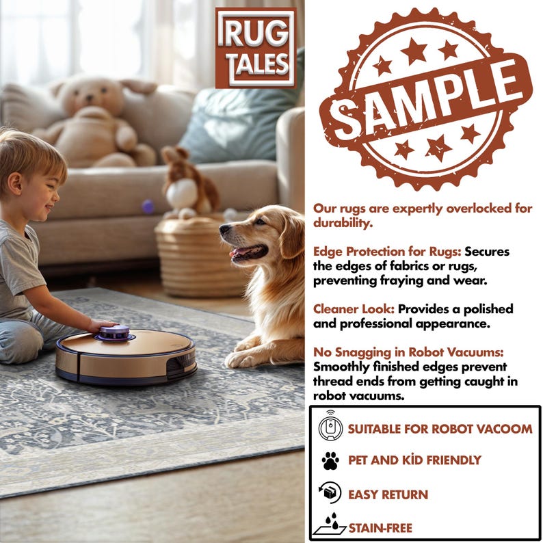 May include: A beige and gray patterned rug with a robot vacuum cleaner on it. A child and a golden retriever dog are in the background. The rug is labeled "Suitable for Robot Vacuum", "Pet and Kid Friendly", "Easy Return", and "Stain-Free".