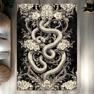 May include: Black and white rug featuring a detailed illustration of a snake entwined with floral branches and leaves.