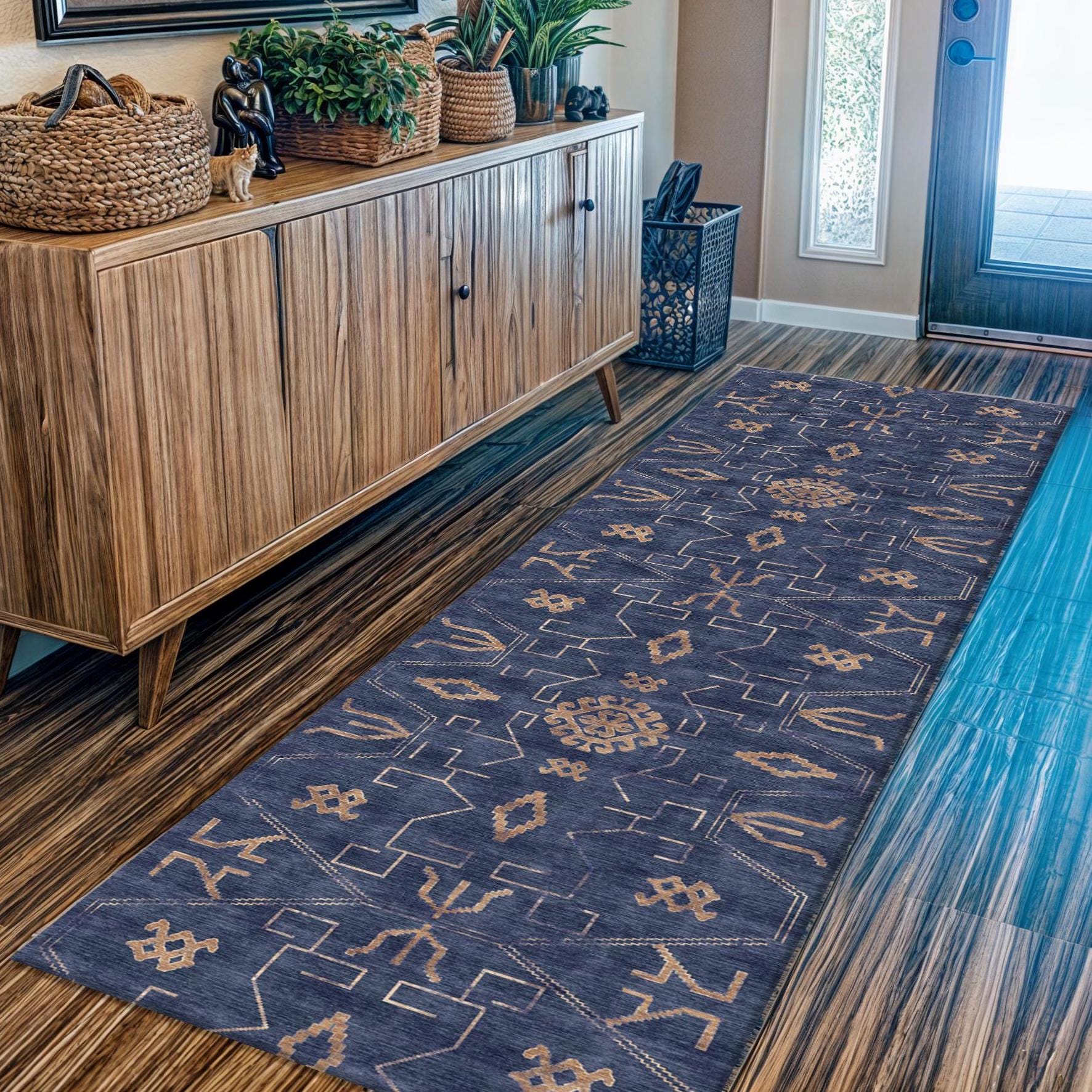 Navy Blue Boho Runner Rug, Washable Long Hallway Rug, Tribal Geometric Carpet, Soft Non Slip Rug, Farmhouse Entryway Or Kitchen Decor