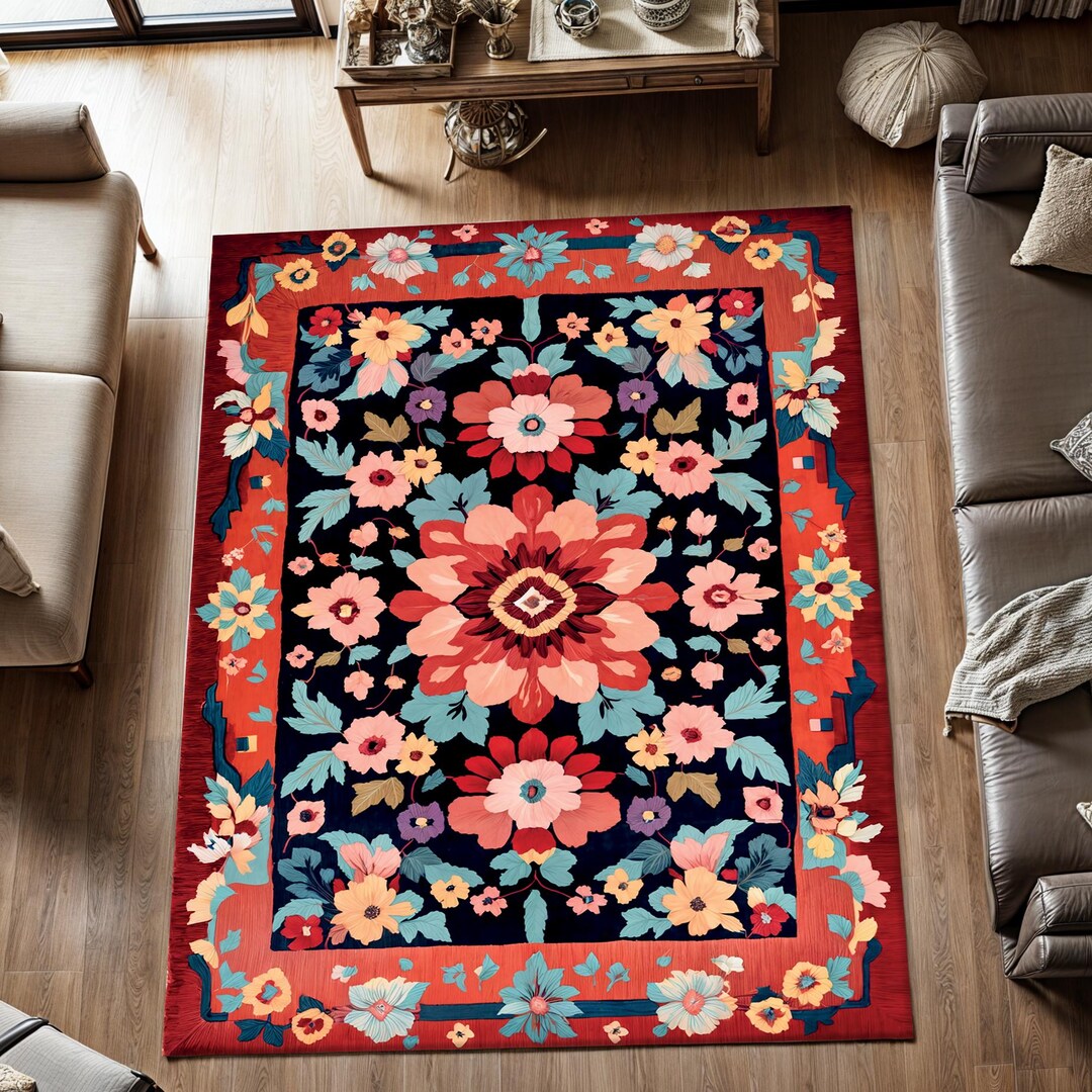 Botanical Jungle Rug: Vintage Floral Design, Washable Colorful Decor - Etsy