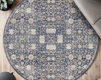 Washable Round Blue Rug: Vintage Bohemian Floral Design