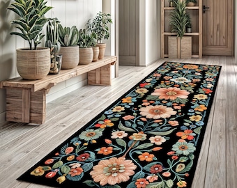 Floral Runner Rug, Vintage Style Washable Hallway Rug, Non Slip Long Rug, Embroidered Pattern Rug, Bohemian Entryway Rug, Floral Rug